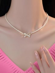 PQT-992 Bow Shape Pearl Pendant Necklace – Elegant Women’s Jewelry in Silver & Gold Finish