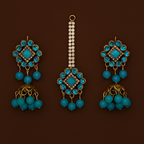 Ethnic Jhumkay & Bindya Jewelry Set – Artificial Blue Stone Jhumke for Women